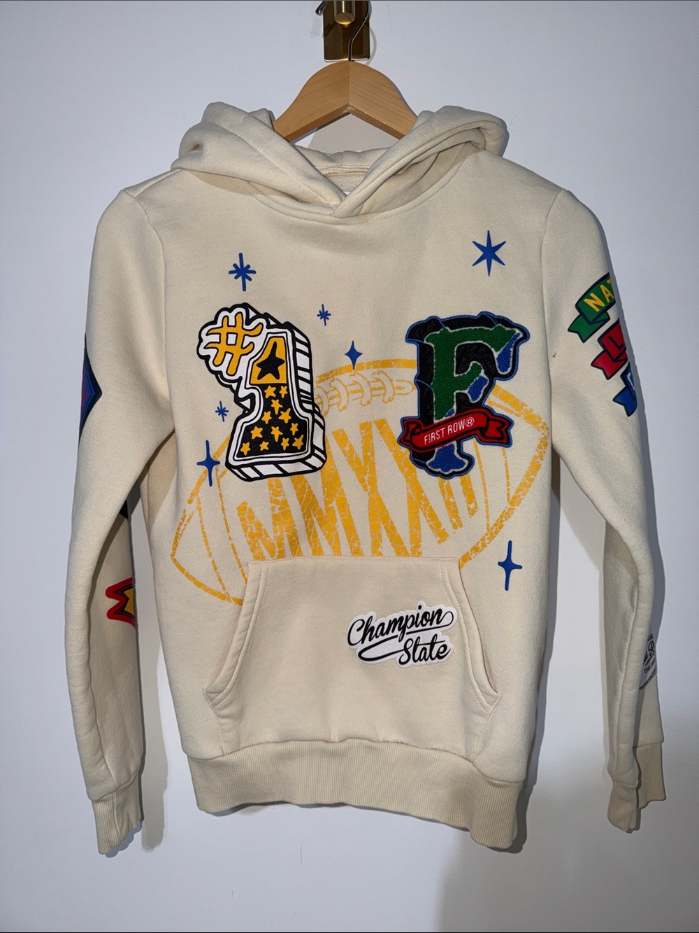 First Row Cream Crewneck Hoodie with Varsity Patches youth size XLarge